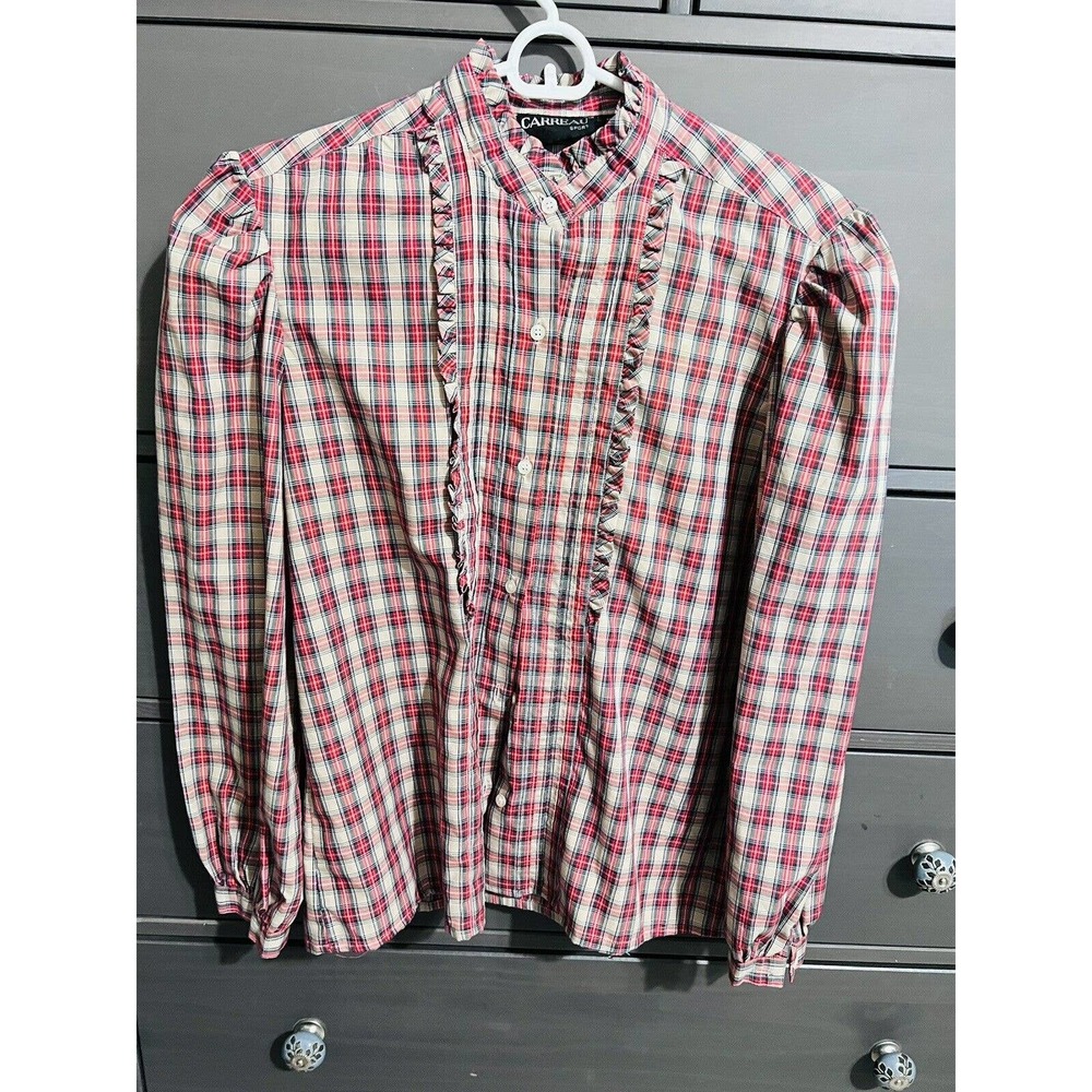 Vintage Carreau Western Ruffle Red Plaid Shirt SMALL EUC